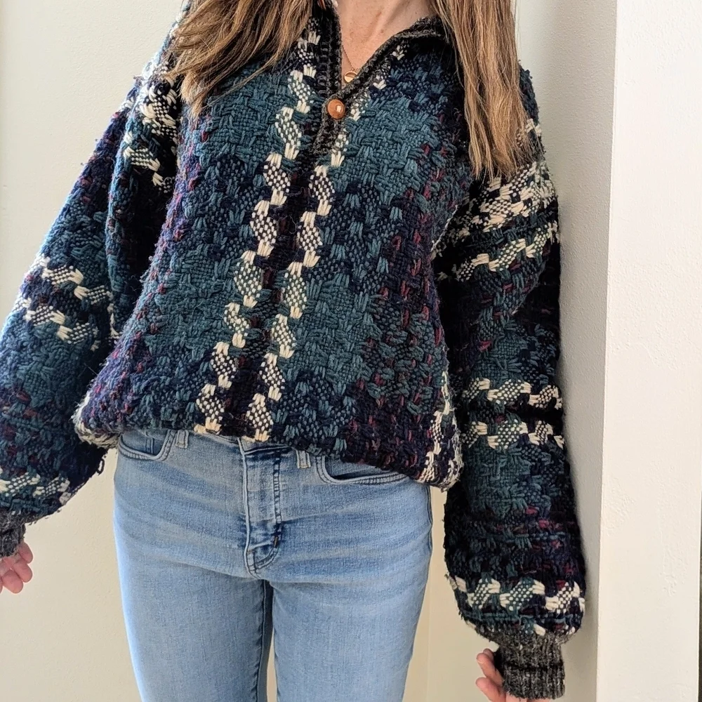 Vintage Plaid Waffle Stitch Button Front Wool Henley Sweater In Gray/Blue/Purple
